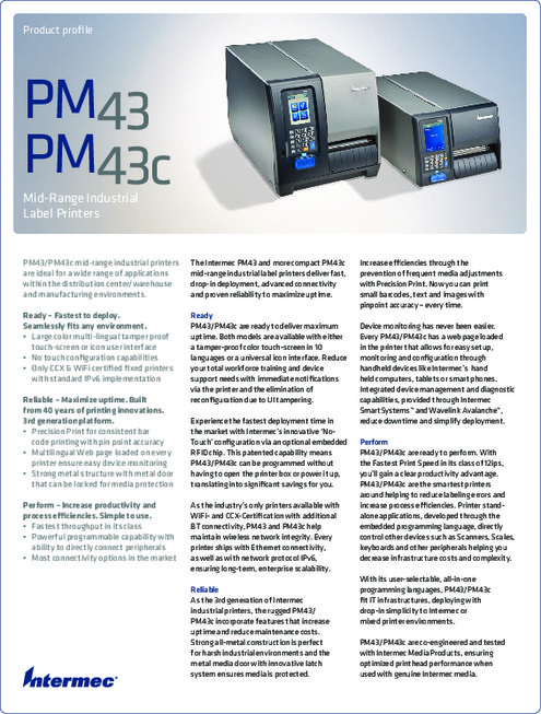 インターメック社製熱転写方式工業用バーコードプリンタ PM43／PM43c