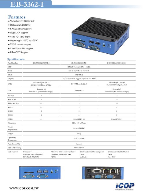 小型PC 動作温度範囲-：20～+70℃ EB-3362-I データシート