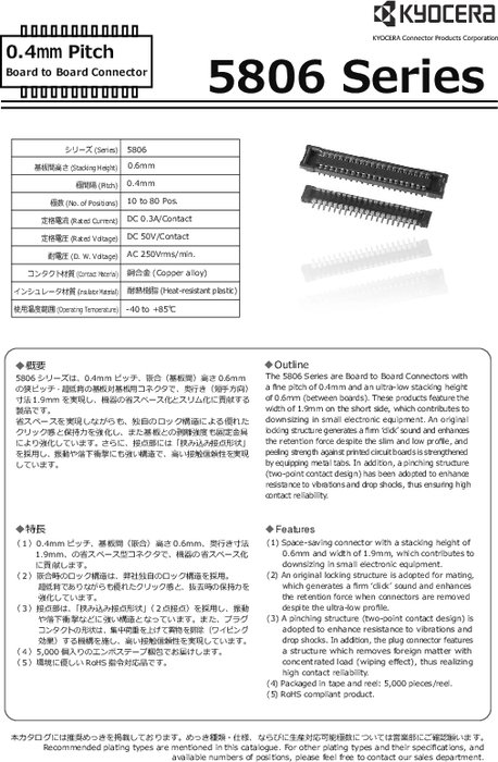 0.4mmピッチ基板対基板用コネクタ 5806シリーズ
