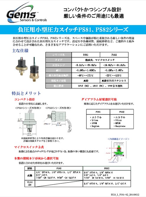 負圧用小型圧力スイッチPS81、PS82シリーズ