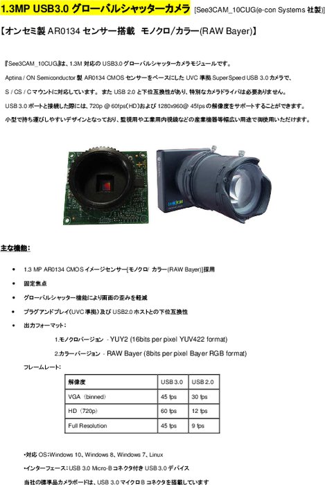 1.3MP USB3.0 グローバルシャッターカメラ[See3CAM_10CUG(e-con Systems 社製)]