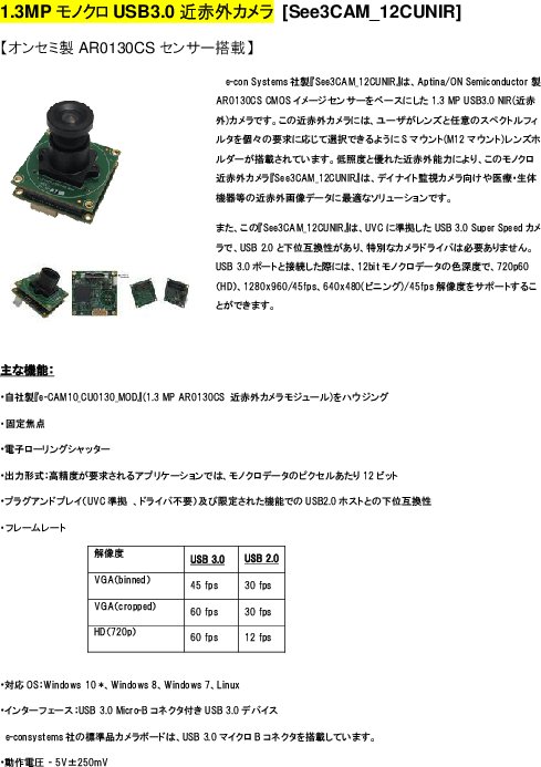 1.3MP モノクロUSB3.0 近赤外カメラ [See3CAM_12CUNIR(e-consystems社製)]