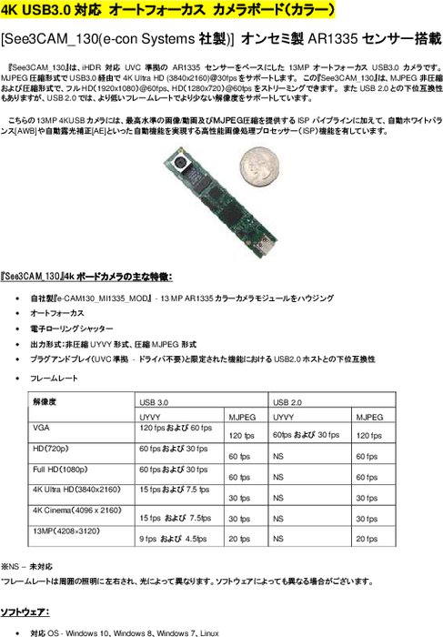 4K USB3.0 対応オートフォーカスカメラボード（カラー） [See3CAM_130(e-con Systems 社製)]