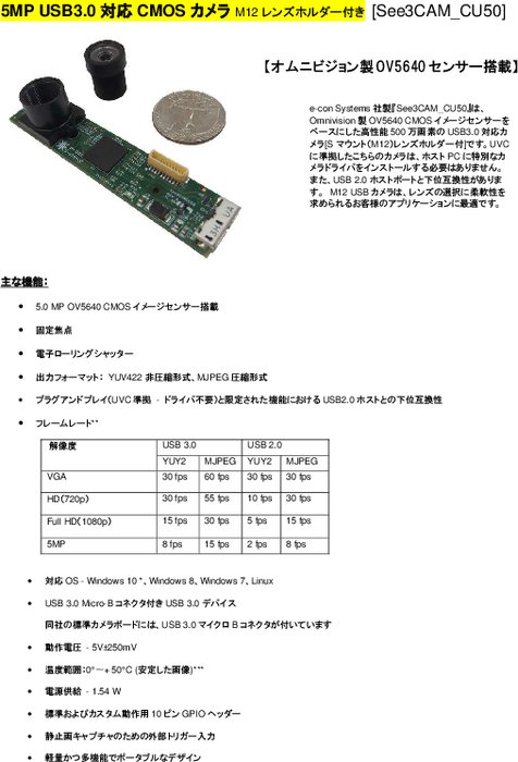 5MP USB3.0対応CMOSカメラM12レンズホルダー付き [See3CAM_CU50]