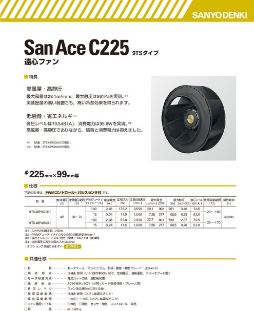 φ225×99mm厚 冷却ファン San Ace C225 9TSタイプ
