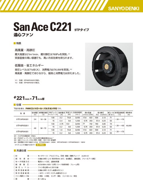 φ221×71mm厚 遠心ファン San Ace C221 9TPタイプ