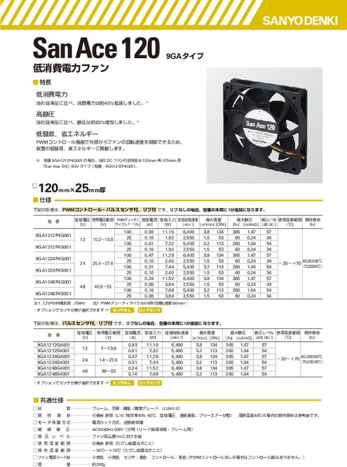 120mm角×25mm厚 低消費電力ファン San Ace 120 9GAタイプ