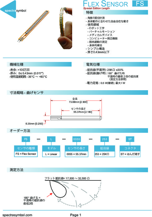 SPECTRA SYMBOL社製 曲げセンサ FLEX SENSOR