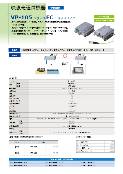 光ファイバー音声映像伝送装置 VP-105シリーズ FCタイプ