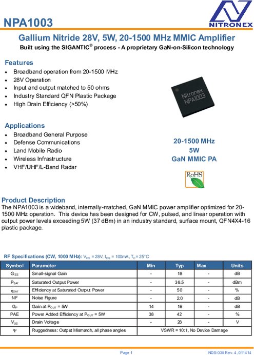 20-1500MHz 5W In／Output Matched GaN MMIC NPA1003