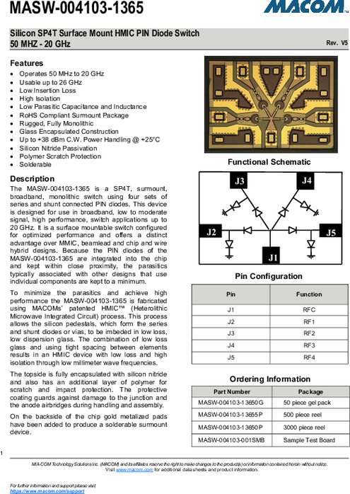 50MHz-26GHz SMT PINスイッチ SPDT／SP3T／SP4T