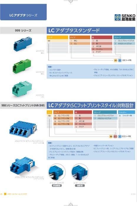 LCアダプタ(SCフットプリントスタイル)対称設計 988シリーズ(SCフットプリント SNR-SNR)