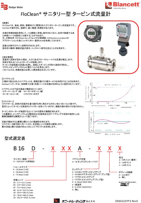 サニタリー型タービン式流量計 FloClean