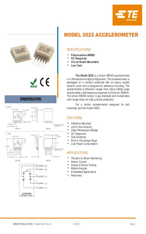 TE Connectivity社製 DC加速度センサ Model.3022/3028