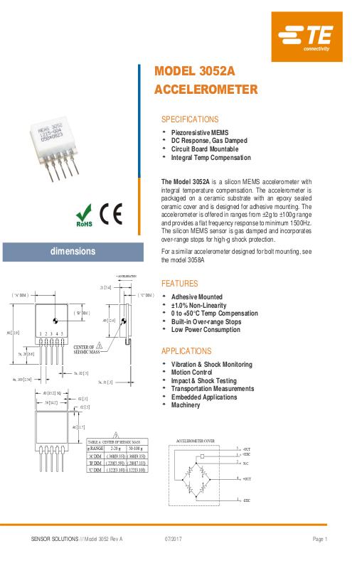 TE Connectivity社製 DC加速度センサ  Model.3052A/3058A