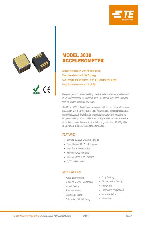 TE Connectivity社製 DC加速度センサ Model.3038