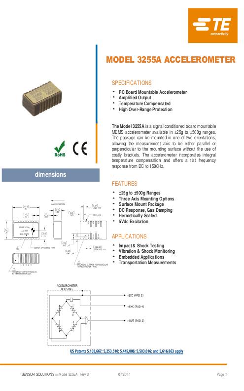 TE Connectivity社製 DC加速度センサ Model.3255A