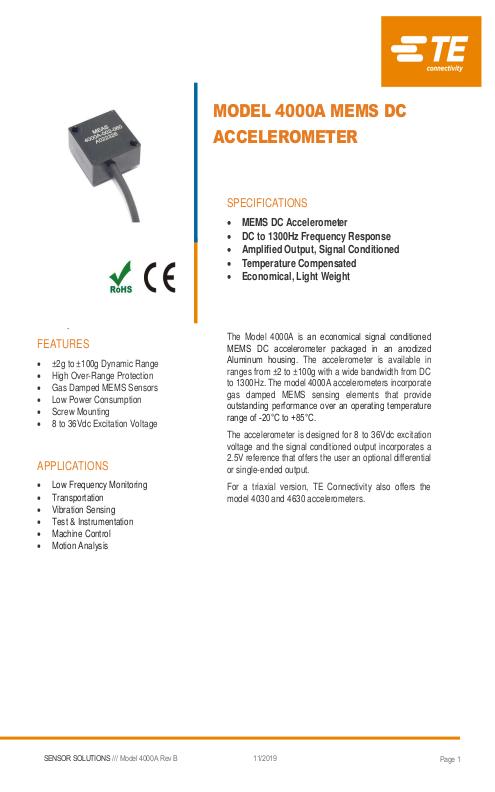 TE Connectivity社製 DC加速度センサ Model.4000A/4001A
