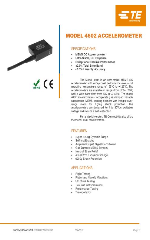 TE Connectivity社製 DC加速度センサ Model.4602