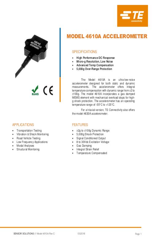 TE Connectivity社製 DC加速度センサ Model.4610A