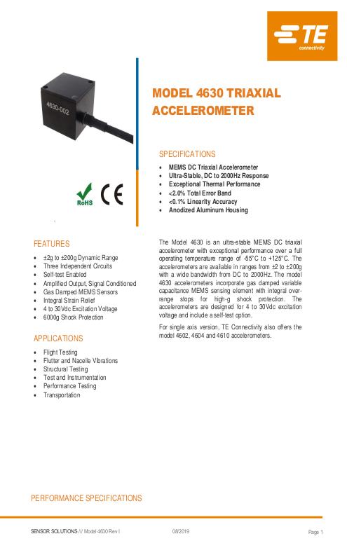 TE Connectivity社製 DC加速度センサ Model.4630