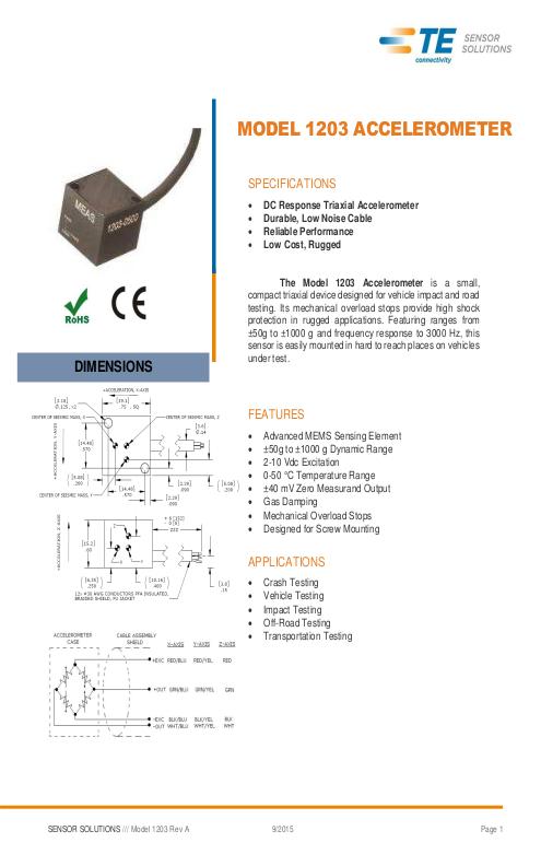 TE Connectivity社製 DC加速度センサ Model.1203