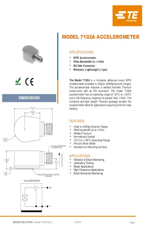 TE Connectivity社製 圧電型(IEPE)加速度センサ Model.7102A