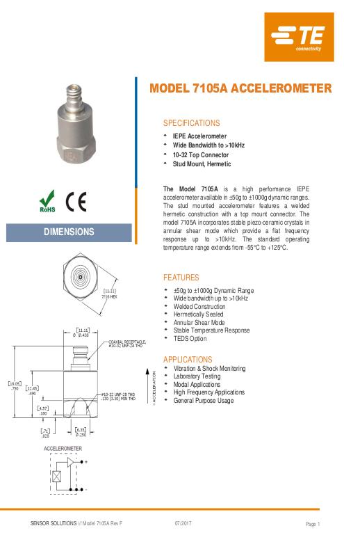 TE Connectivity社製 圧電型(IEPE)加速度センサ Model.7105A
