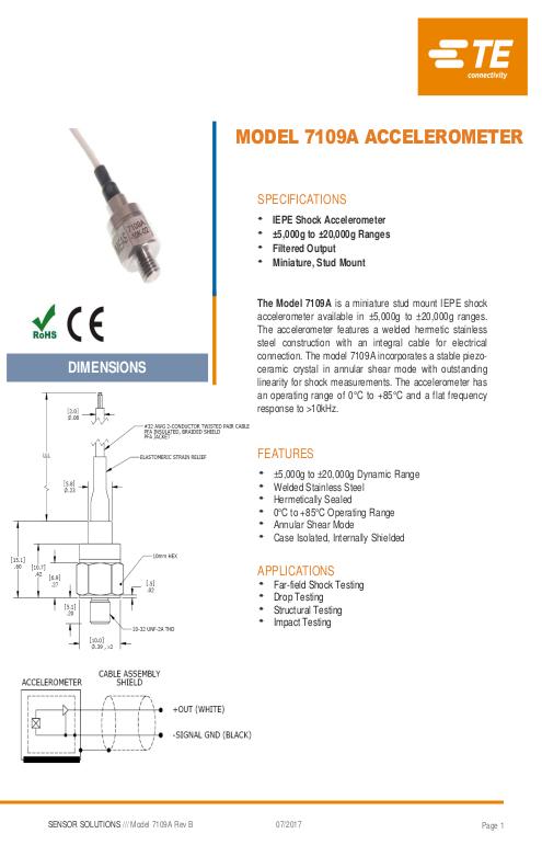 TE Connectivity社製 圧電型(IEPE)加速度センサ Model.7109A
