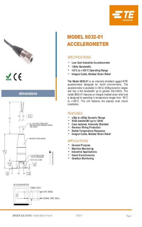 TE Connectivity社製 圧電型(IEPE)加速度センサ Model.8032-01
