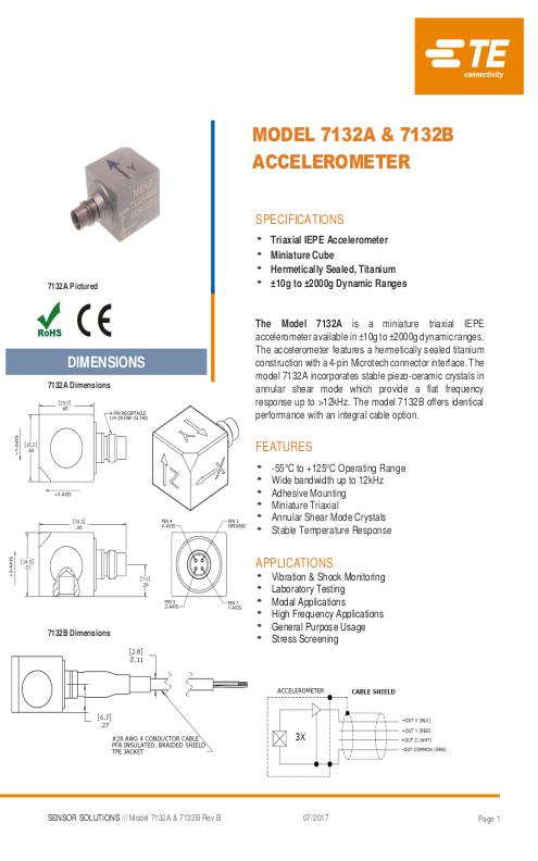 TE Connectivity社製 圧電型(IEPE)加速度センサ Model.7132A/B