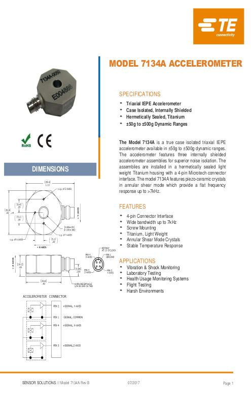 TE Connectivity社製 圧電型(IEPE)加速度センサ Model.7134A