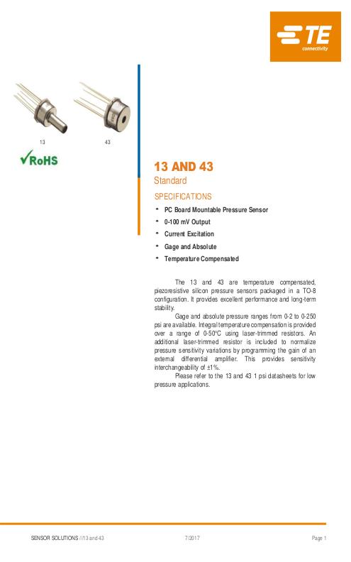 TE Connectivity社製 小型半導体圧力センサ TO-8シリーズ