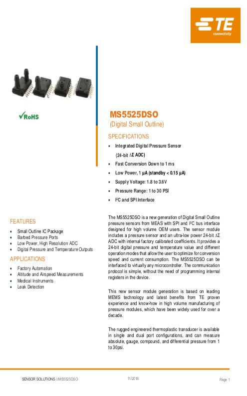 TE Connectivity社製 小型半導体圧力センサ MS5525DSOシリーズ