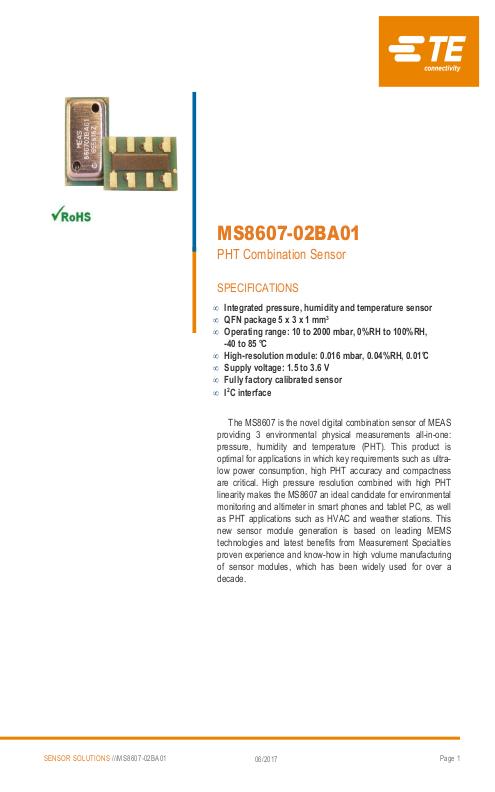 TE Connectivity社製 小型半導体圧力センサ MS8607-02BA01シリーズ