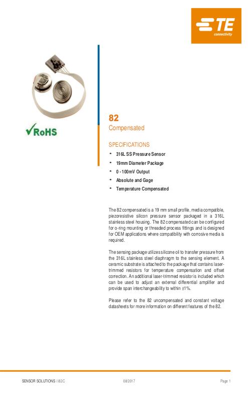 TE Connectivity社製 小型半導体圧力センサ 82シリーズ