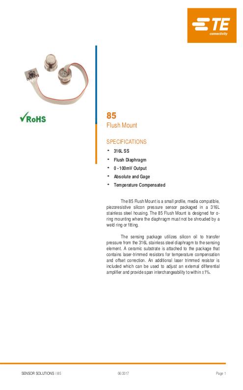 TE Connectivity社製 小型半導体圧力センサ 85Fシリーズ