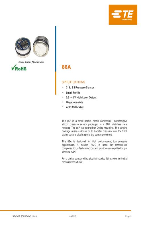 TE Connectivity社製 小型半導体圧力センサ 86Aシリーズ