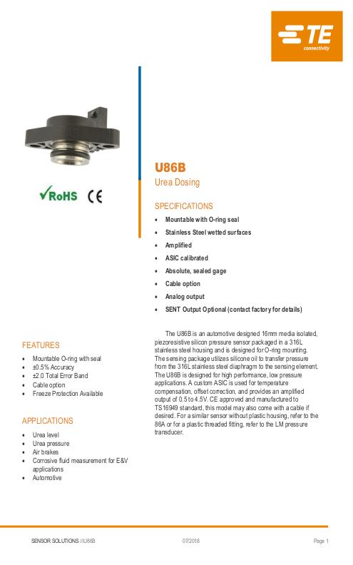 TE Connectivity社製 小型半導体圧力センサ U86Bシリーズ