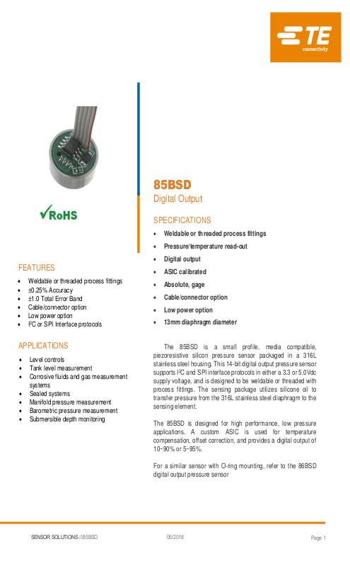 TE Connectivity社製 小型半導体圧力センサ 85BSDシリーズ