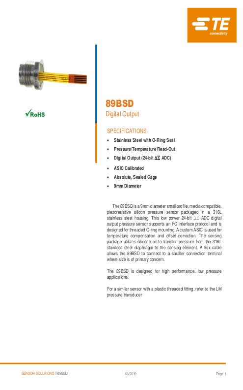 TE Connectivity社製 小型半導体圧力センサ 89BSDシリーズ