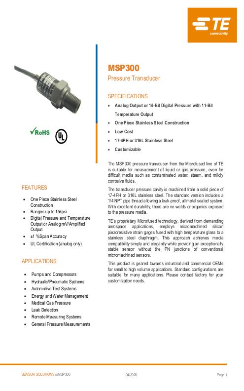 TE Connectivity社製 小型半導体圧力センサ MSP300シリーズ