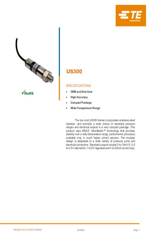 TE Connectivity社製 小型半導体圧力センサ US300シリーズ