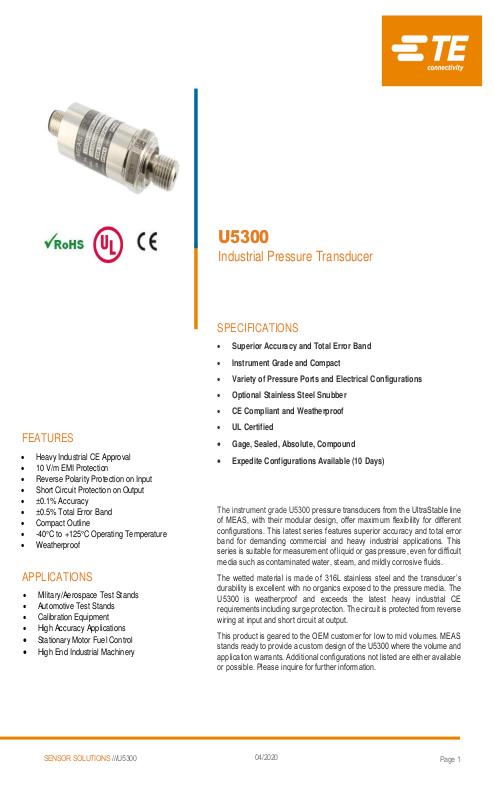 TE Connectivity社製 小型半導体圧力センサ U5300シリーズ
