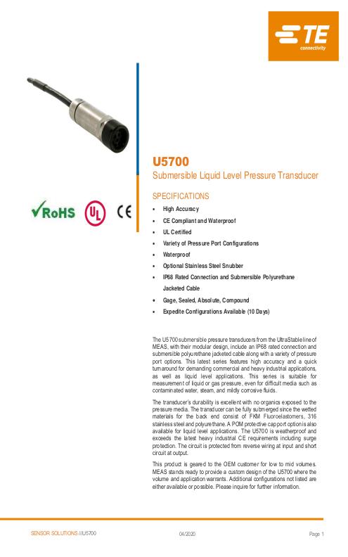 TE Connectivity社製 小型半導体圧力センサ U5700シリーズ