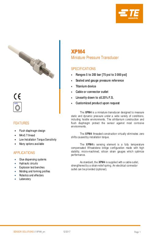 TE Connectivity社製 小型半導体圧力センサ XPM4シリーズ