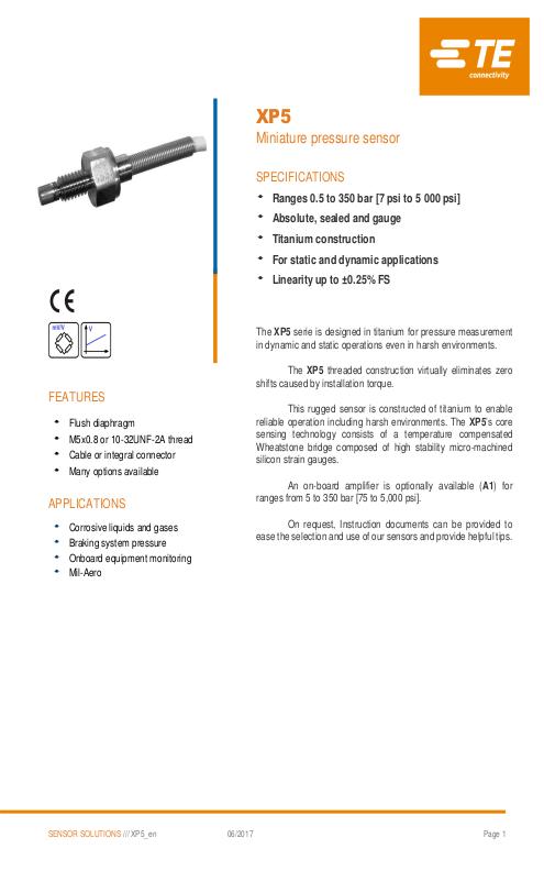 TE Connectivity社製 小型半導体圧力センサ XP5シリーズ