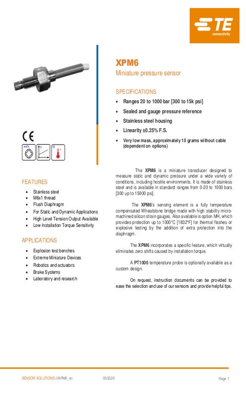 TE Connectivity社製 小型半導体圧力センサ XPM6シリーズ