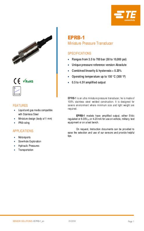 TE Connectivity社製 小型半導体圧力センサ EPRB-1シリーズ