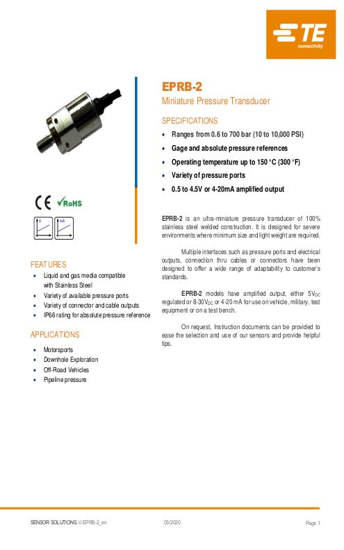 TE Connectivity社製 小型半導体圧力センサ EPRB-2シリーズ